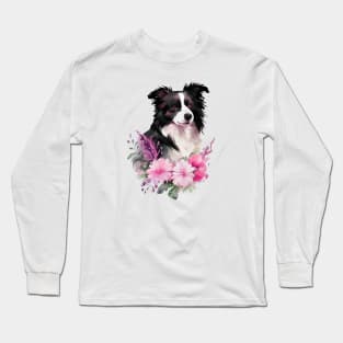 Border collie dog with flowers Long Sleeve T-Shirt